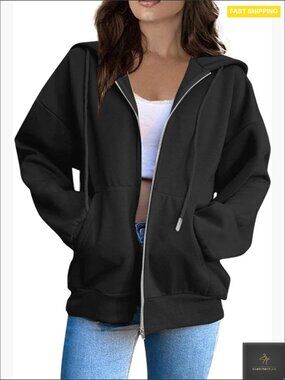 Oversized Zip Up Hoodie Loose Fit Lightweight Cotton Blend Casual Sweatshirt